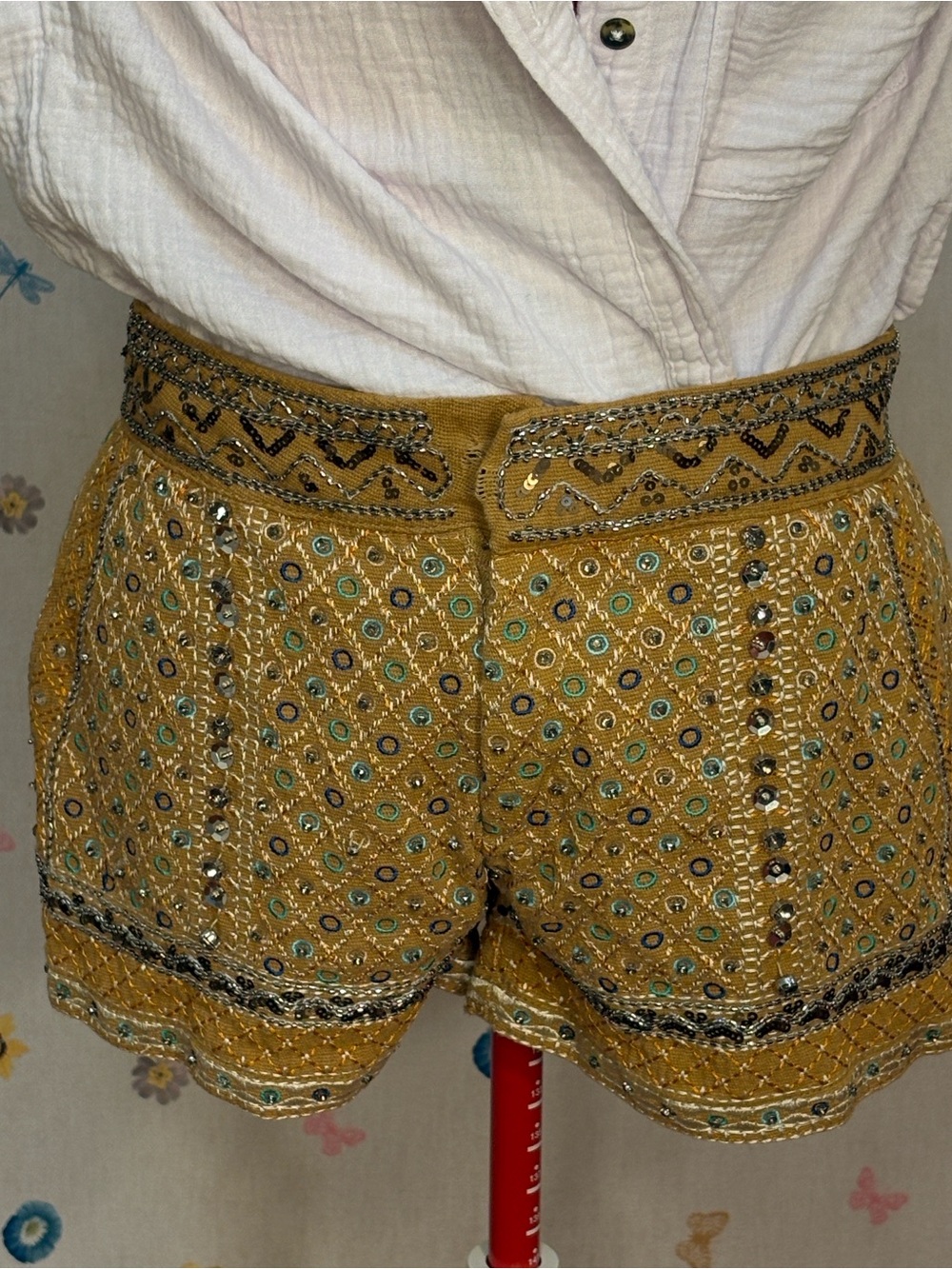 Freeway - Mustard Embroidered Shorts w/ Mirror Accents Festival Boho Glam Party - Picture 3 of 12